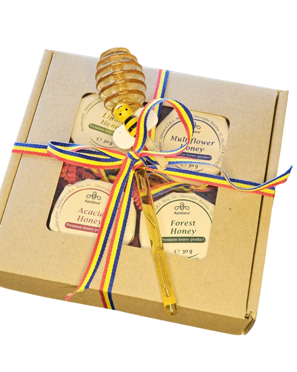 set miere romaneassca premium cu betisor miere si tricolor